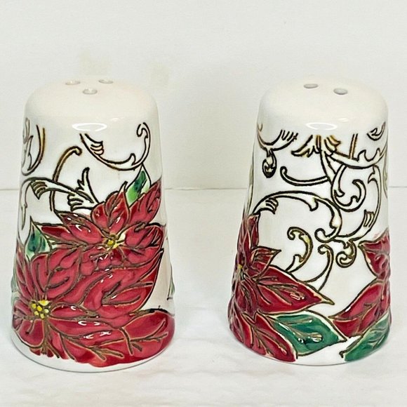In Home Style Red Floral Poinsettia Salt & Pepper Christmas Set - Picture 2 of 11